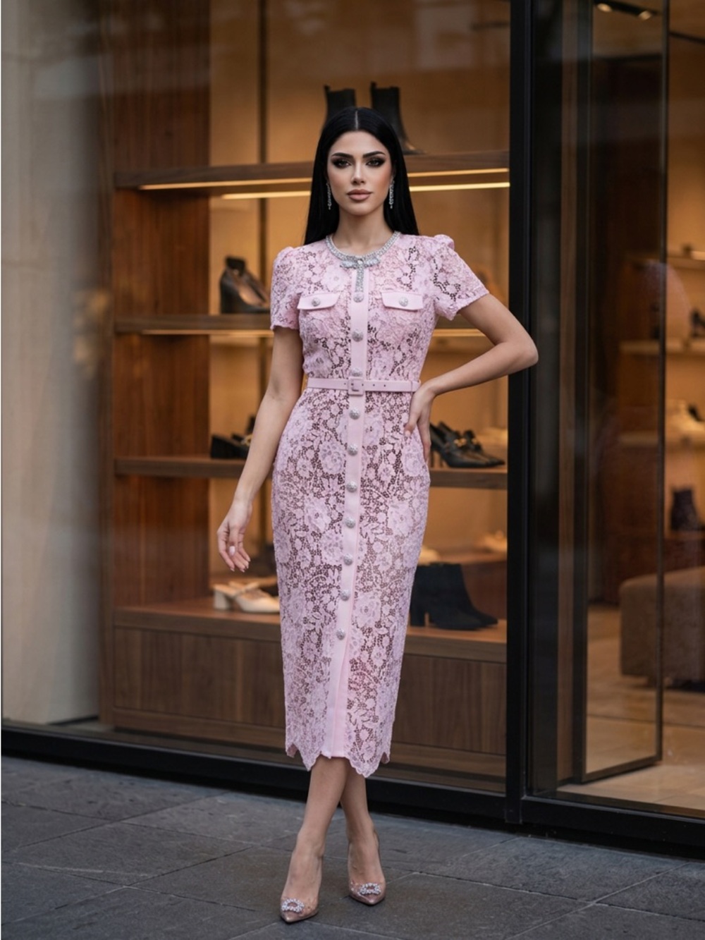 Elegant Pink Lace Midi Dress with Belt